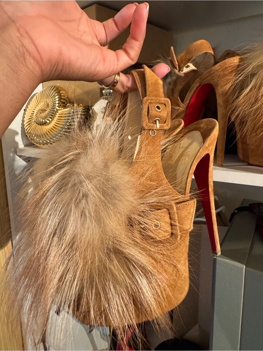Splash Fur Christian Louboutin Suede Pom-Pom Platform Sandals - Picture 2 of 8